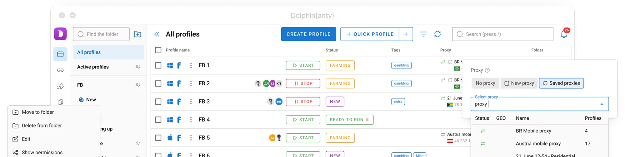 Dolphin{anty} profile creation and setup interface