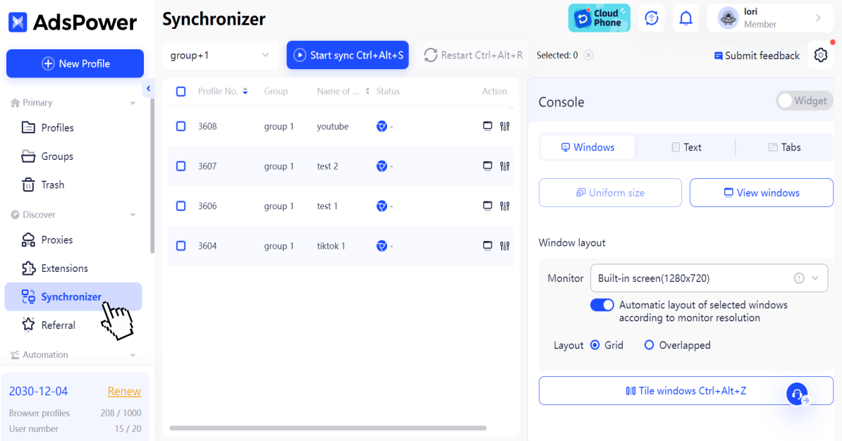 AdsPower Synchronizer step 1 - opening multiple profile windows