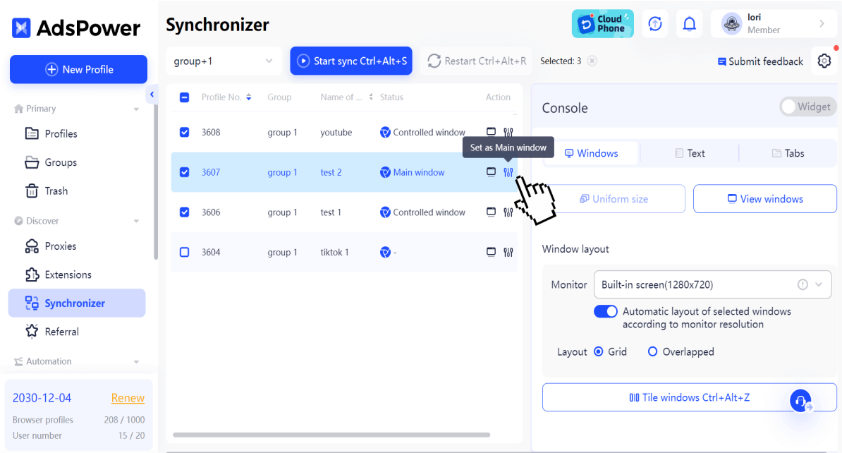 AdsPower Synchronizer step 2 - enabling sync across windows