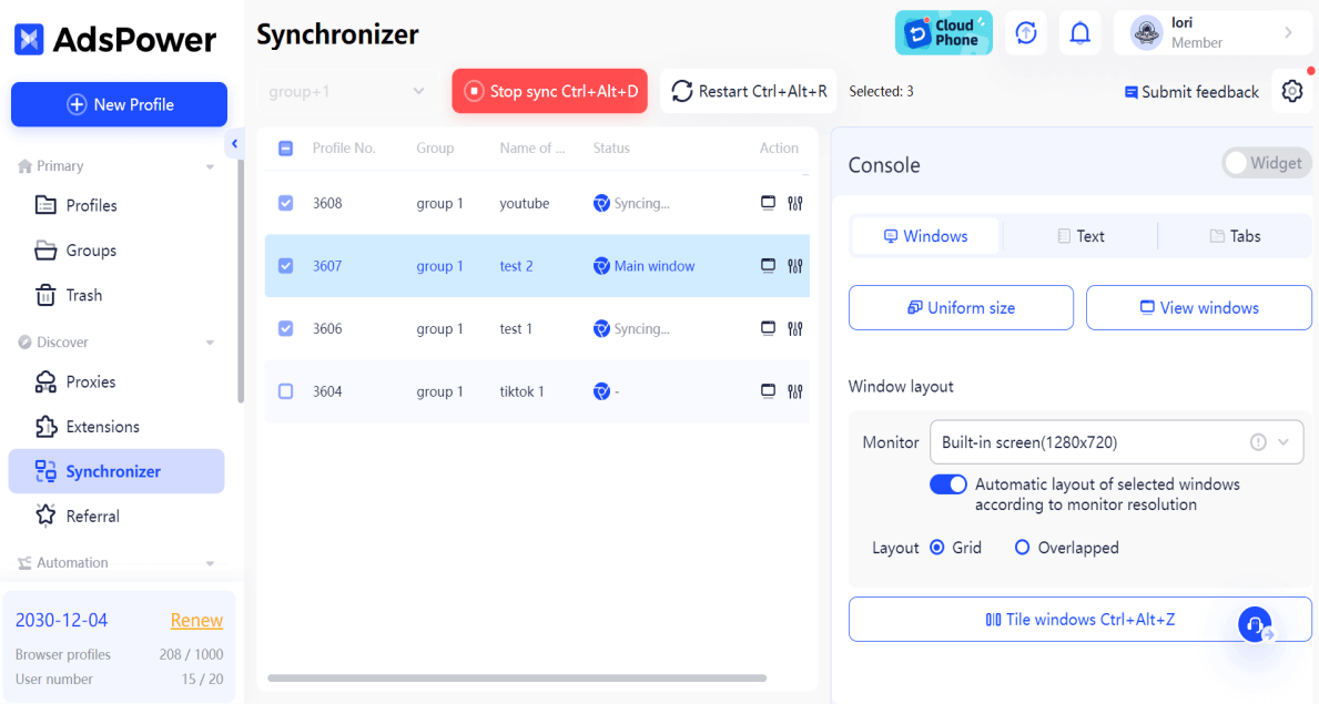 AdsPower Synchronizer step 3 - mirrored actions across all profiles