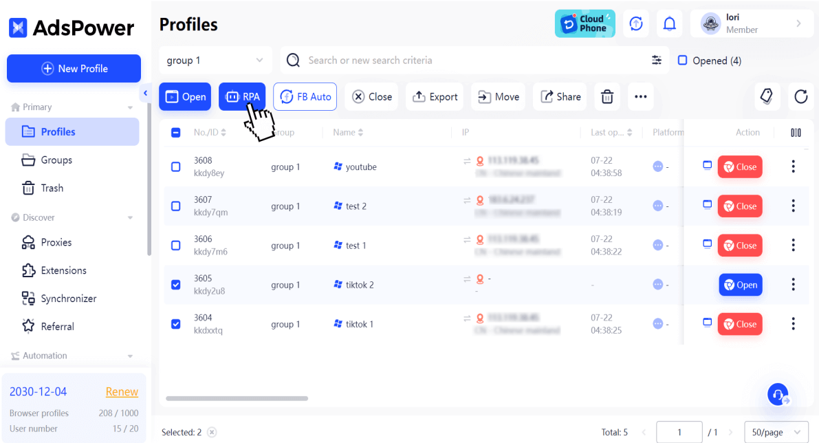 AdsPower RPA step 2 - action configuration