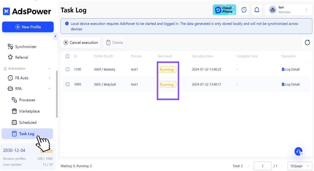 AdsPower RPA step 3 - running automation across profiles