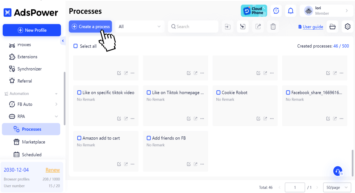 AdsPower RPA step 1 - visual workflow builder