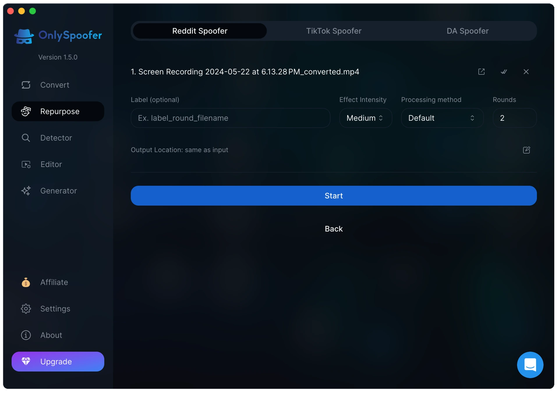 OnlySpoofer dashboard showing similarity score before and after processing
