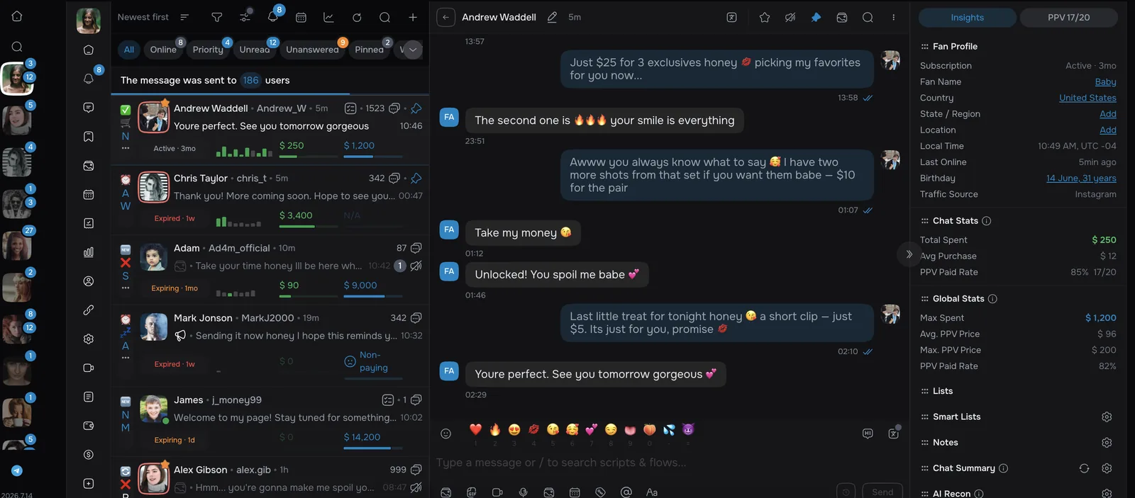 AgencyKey desktop CRM · chat cockpit with Insights panel, PPV tracking and a mass message sent to 186 fans