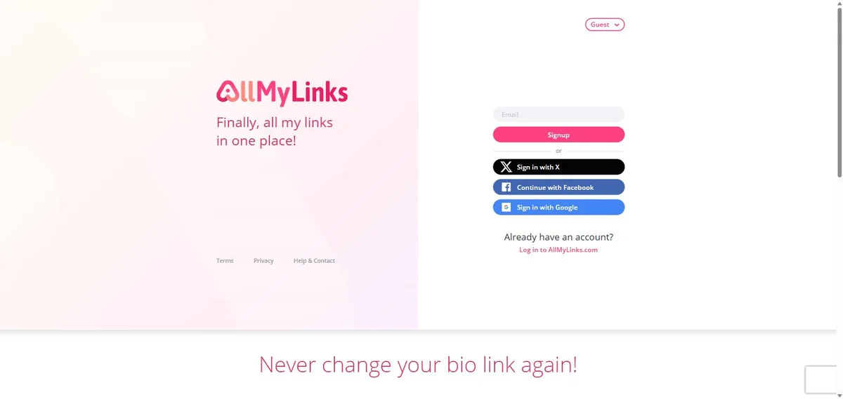 AllMyLinks homepage · free signup for the link-in-bio profile