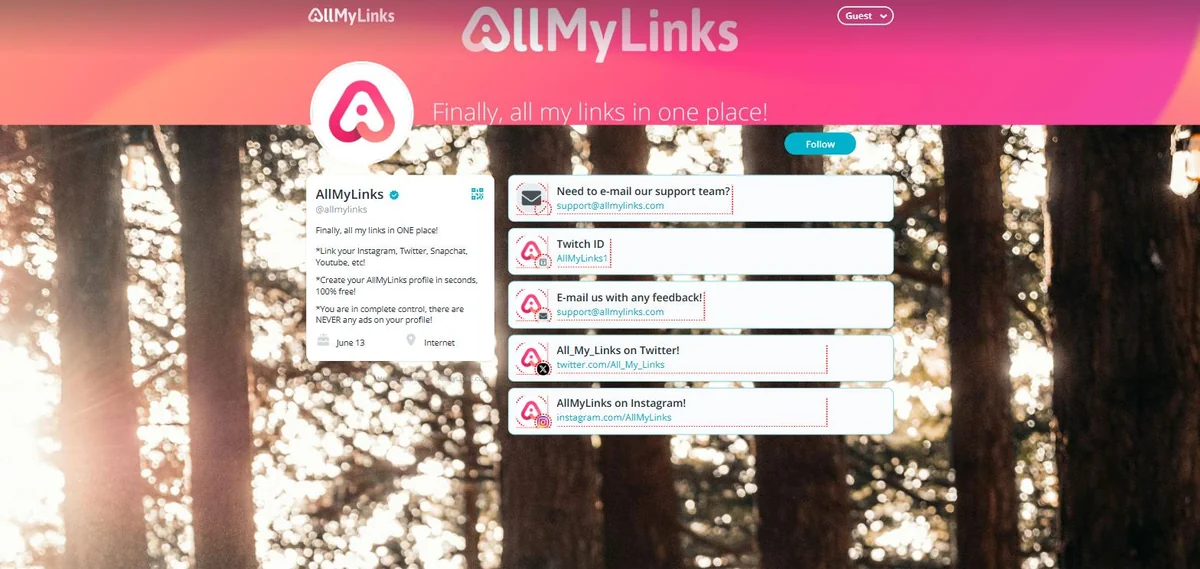 AllMyLinks profile interface · link cards, verified badge and custom background