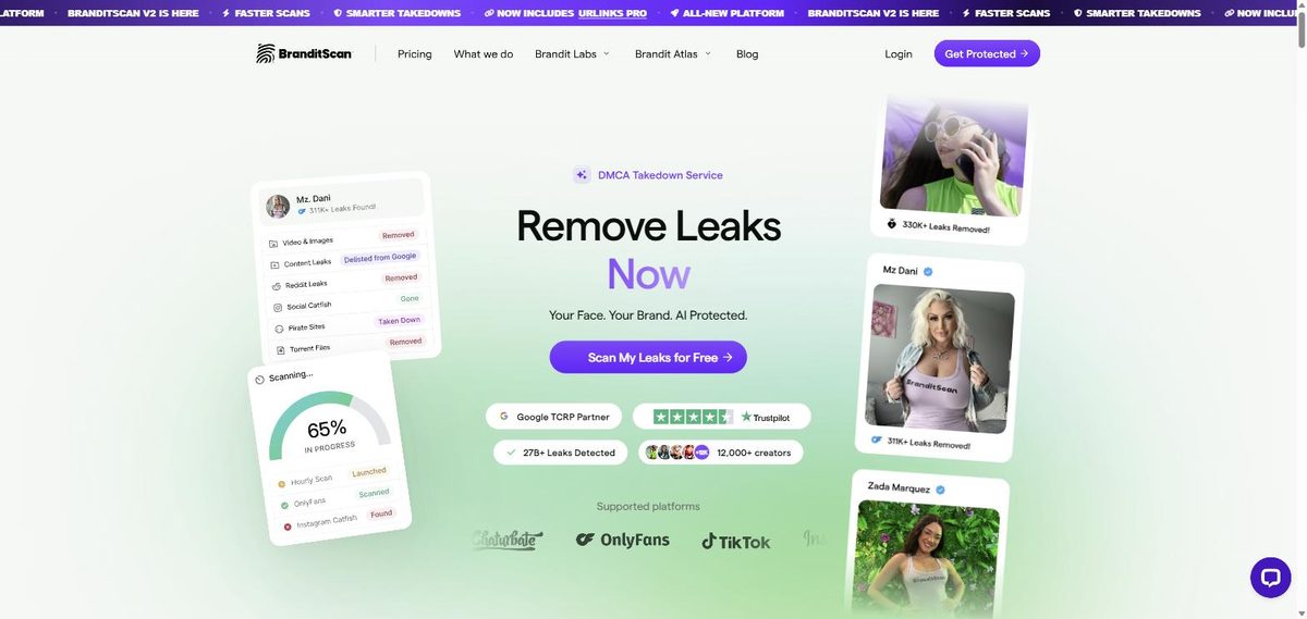 BranditScan homepage 2026, DMCA leak-removal service for creators