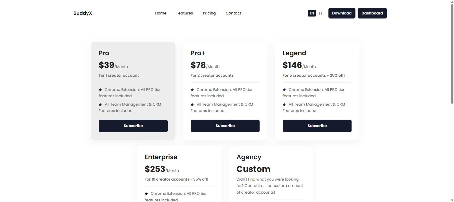 BuddyX pricing page July 2026: Pro $39/month for 1 creator account, Pro+ $78 for 2, Legend $146 for 5, Enterprise $253 for 10, Agency custom