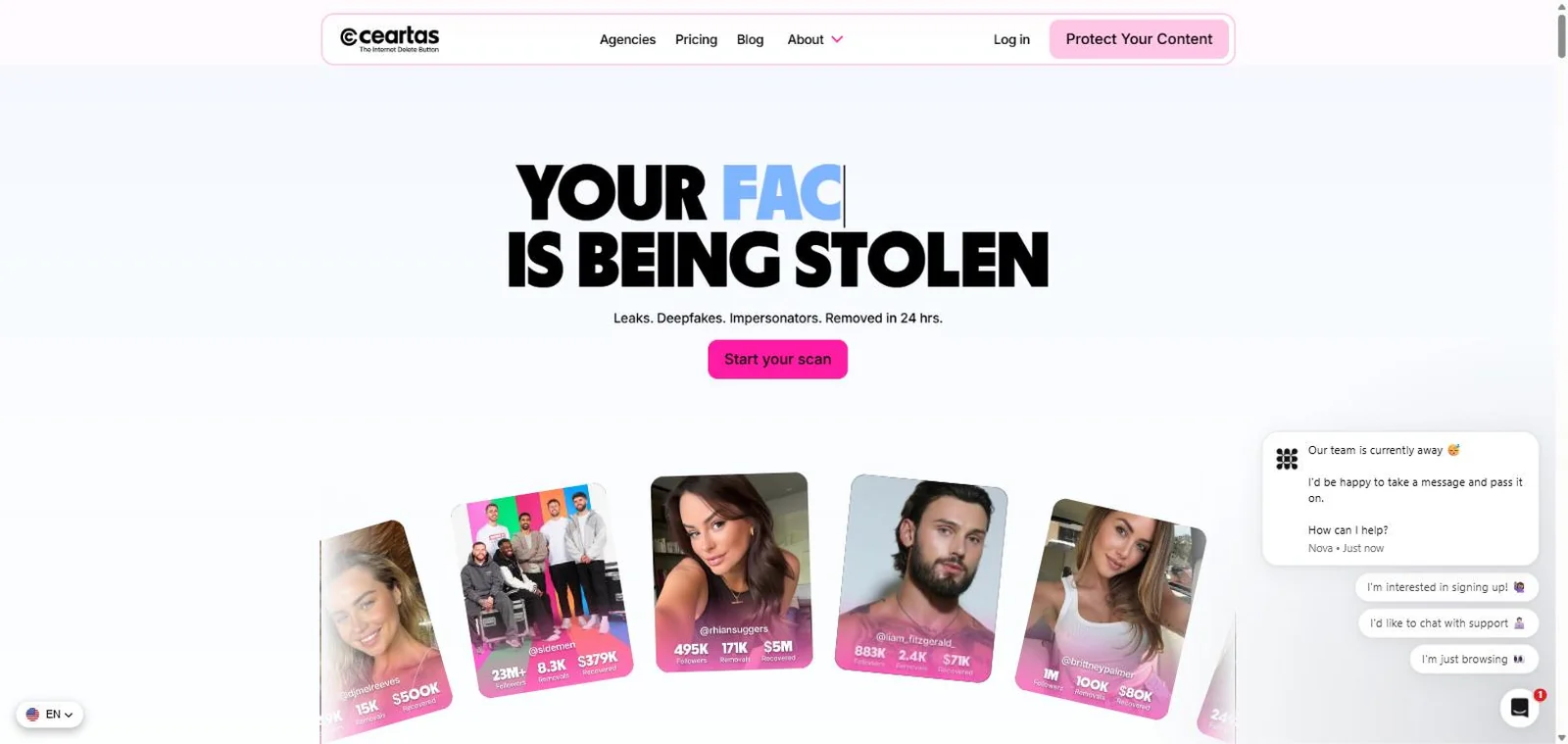 Ceartas homepage · automated leak detection and DMCA takedown service for OnlyFans creators