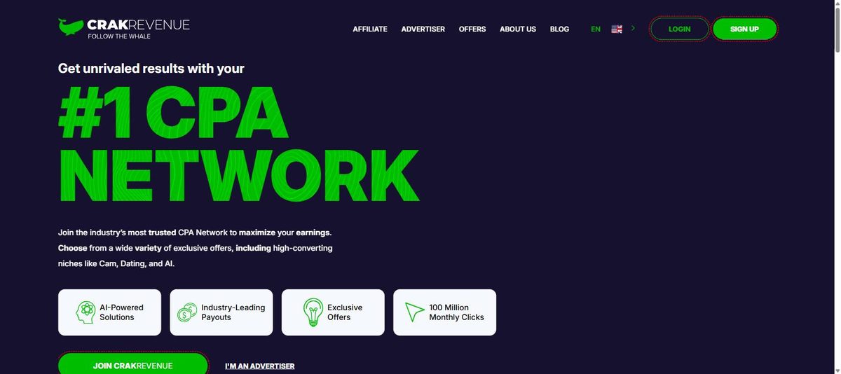 CrakRevenue CPA network homepage, July 2026: 100 million monthly clicks claimed