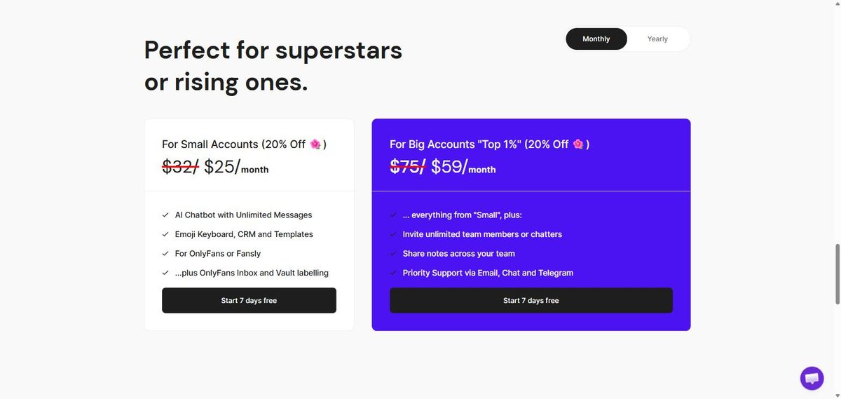 CreatorBoost pricing page July 2026, monthly billing selected: Small Accounts $25 per month, Big Accounts Top 1% $59 per month, 7-day free trial