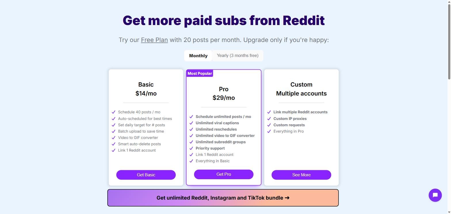 FanGrowth Reddit pricing July 2026: free plan 20 posts, Basic $14 for 40 posts, Pro $29 unlimited posts, Custom for multiple accounts