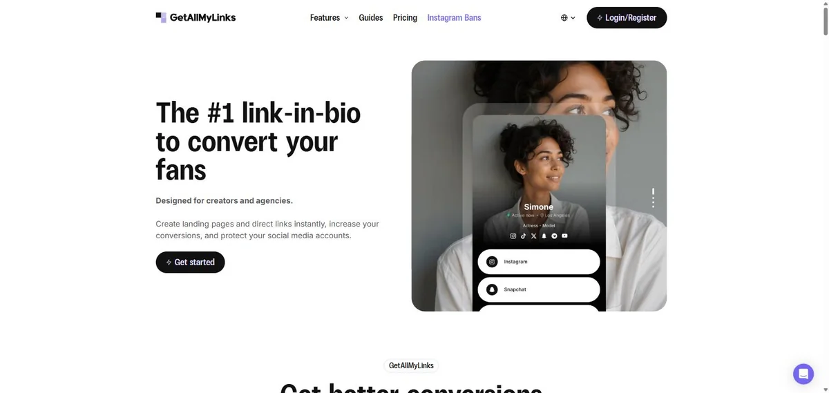 GetAllMyLinks landing page · a different, paid link-in-bio tool