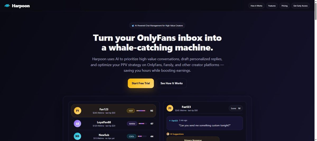 Harpoon homepage 2026, AI chat management for OnlyFans creators