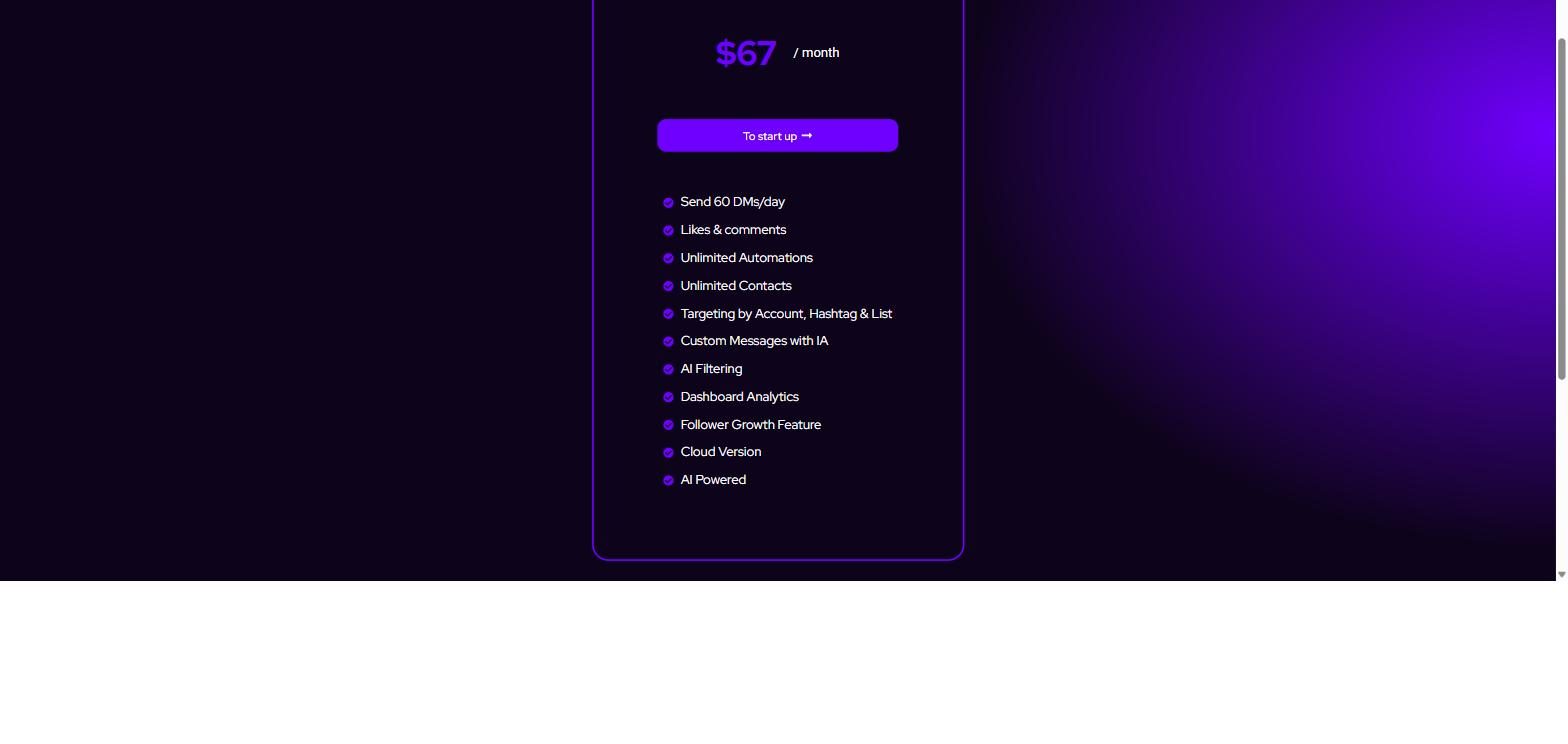InstantFlow pricing July 2026: Beginner plan $67 per month with 60 DMs per day, likes and comments, unlimited automations and contacts, cloud version
