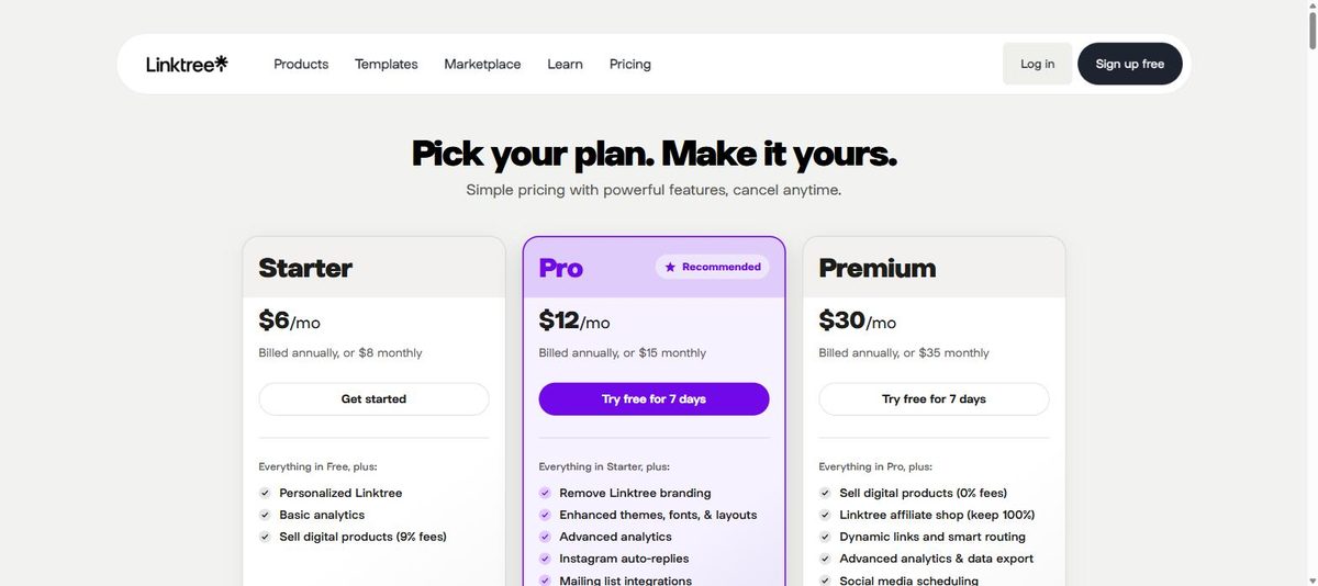 Linktree pricing July 2026: Starter $8/mo, Pro $15/mo, Premium $35/mo billed monthly