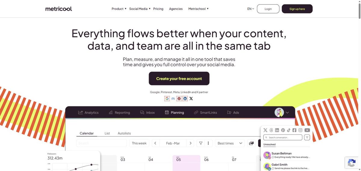 Metricool homepage 2026, social scheduling and analytics dashboard