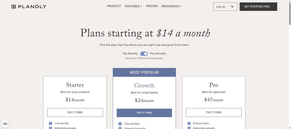 Planoly pricing page, July 2026, where Snipfeed now redirects: Starter $14, Growth $24, Pro $47 per month
