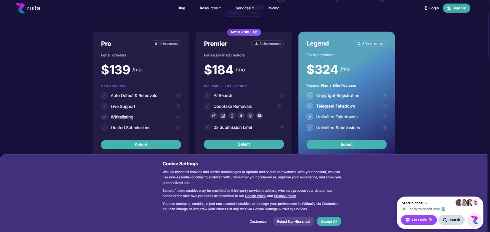 Rulta pricing plans 2026: Pro $139, Premier $184, Legend $324