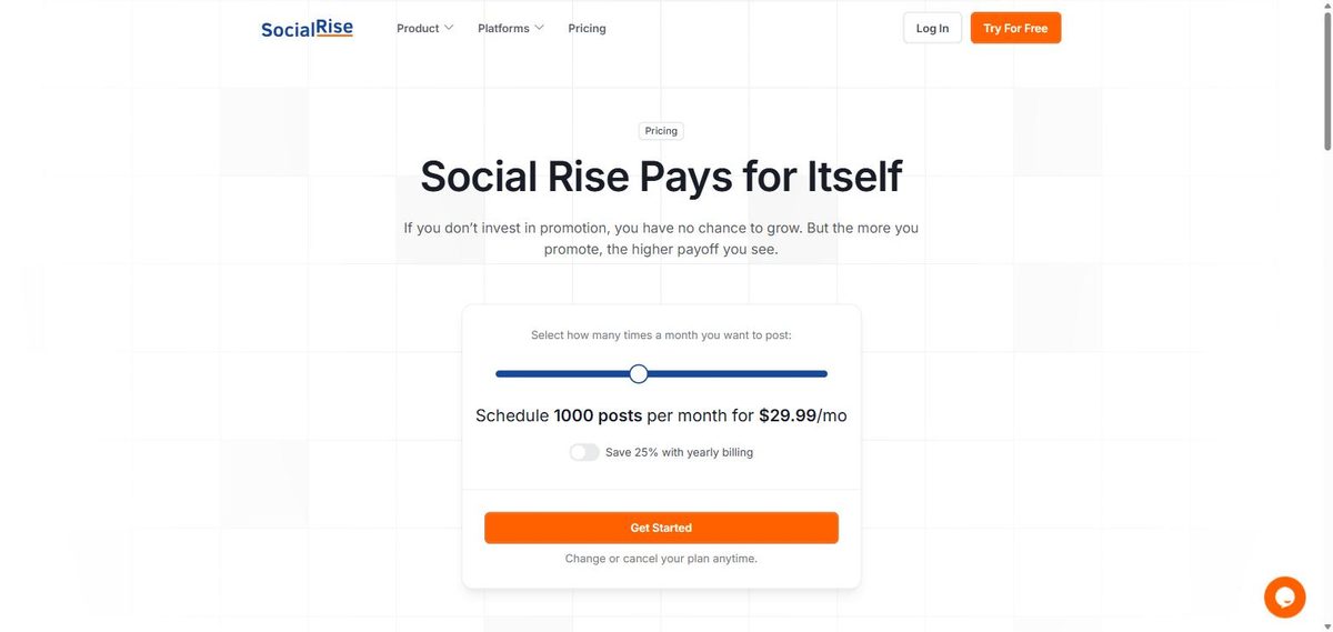 Social Rise pricing page July 2026, monthly billing, volume slider at 1,000 posts per month for $29.99, yearly billing saves 25%
